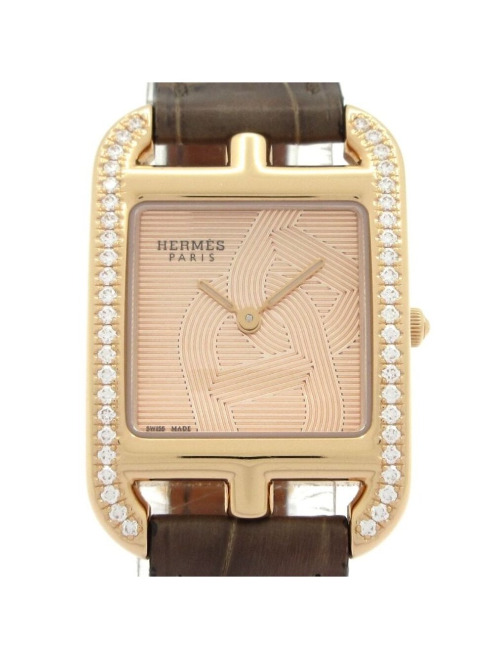 Hermes Watch Cape Cod Joye 18k Pink Gold Diamond Leather Strap Beige